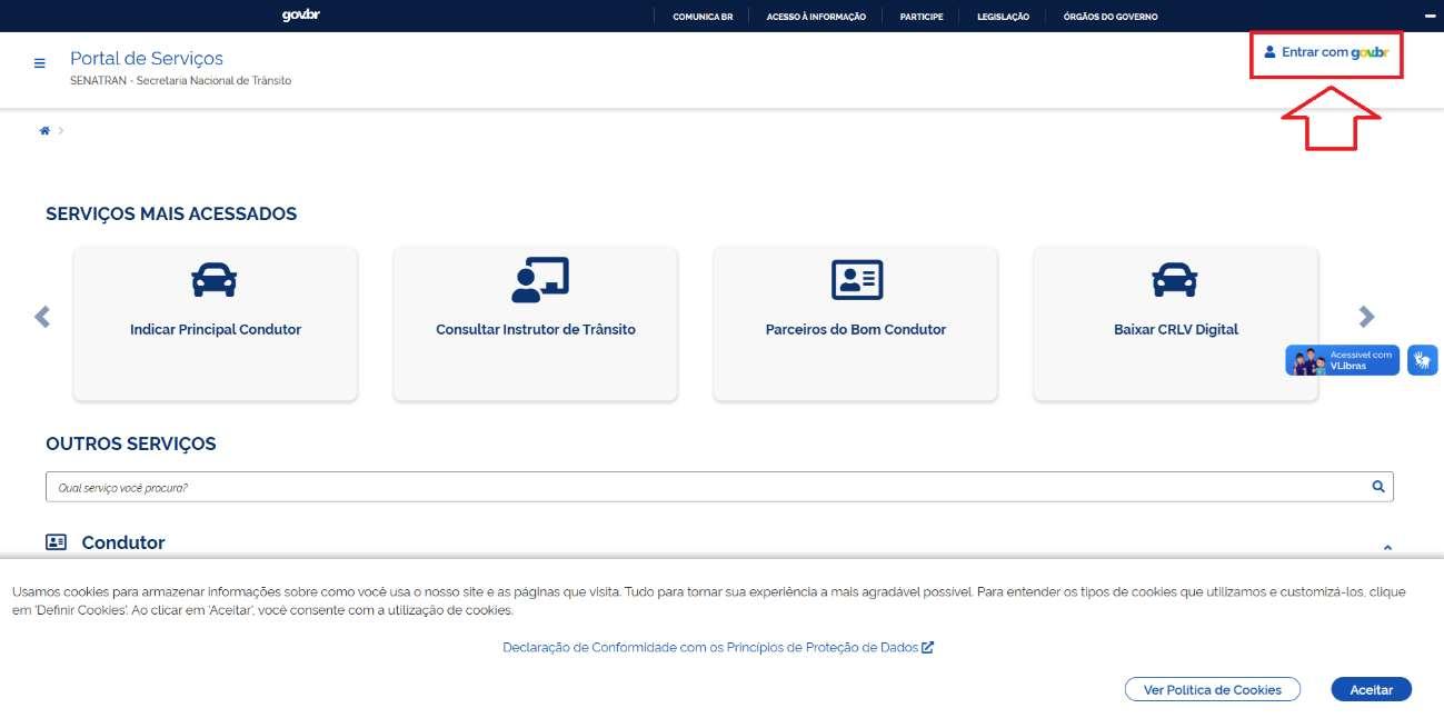 Passo 1: Para efetuar o registro de curso prático, o instrutor deve acesso o portal de serviços SENATRAN na url: https://portalservicos.senatran.serpro.gov.br
