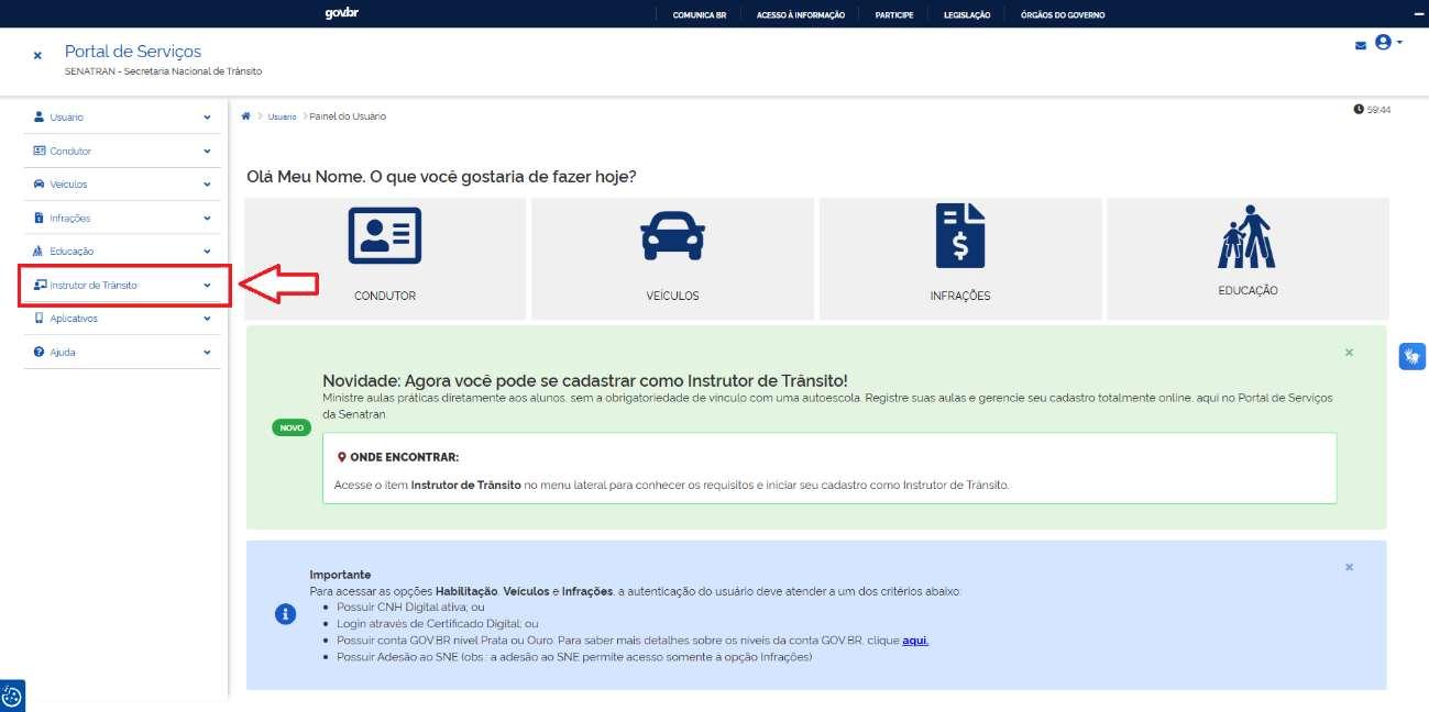 Passo 3: Após o login, selecionar no menu lateral a guia de instrutor de trânsito.