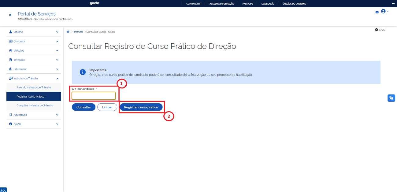 Passo 5: Entrar com o CPF do aluno e clicar em Registrar curso prático: